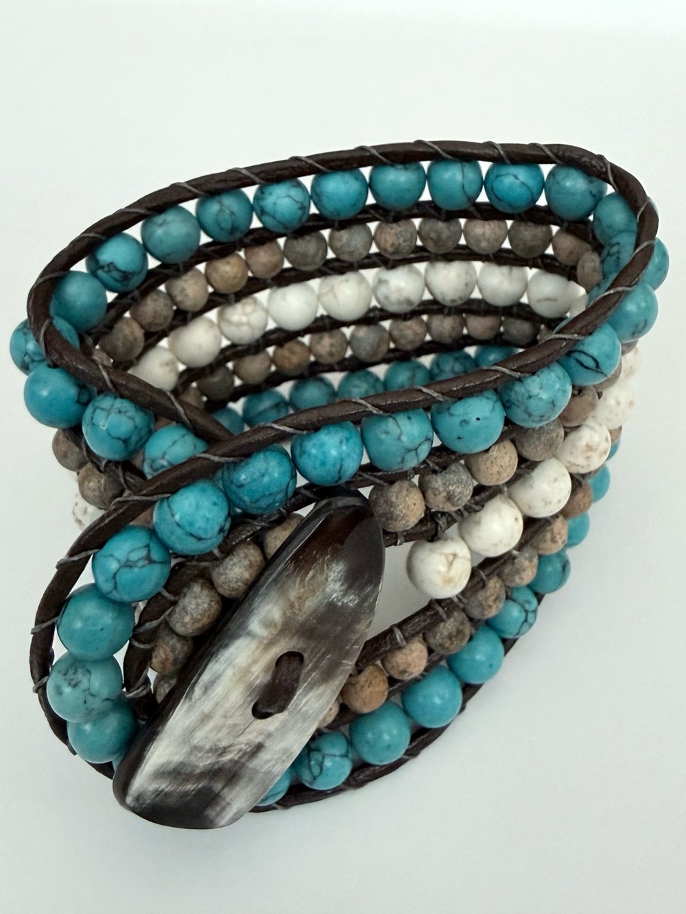 Hand Crafted Turquoise Beaded Cuff Bracelet Unisex Boho Festival Cowgirl Western
